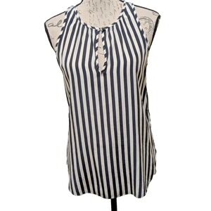 J. CREW Blouse 4 100% Silk  Navy White Stripe Nautical  Keyhole Button Front